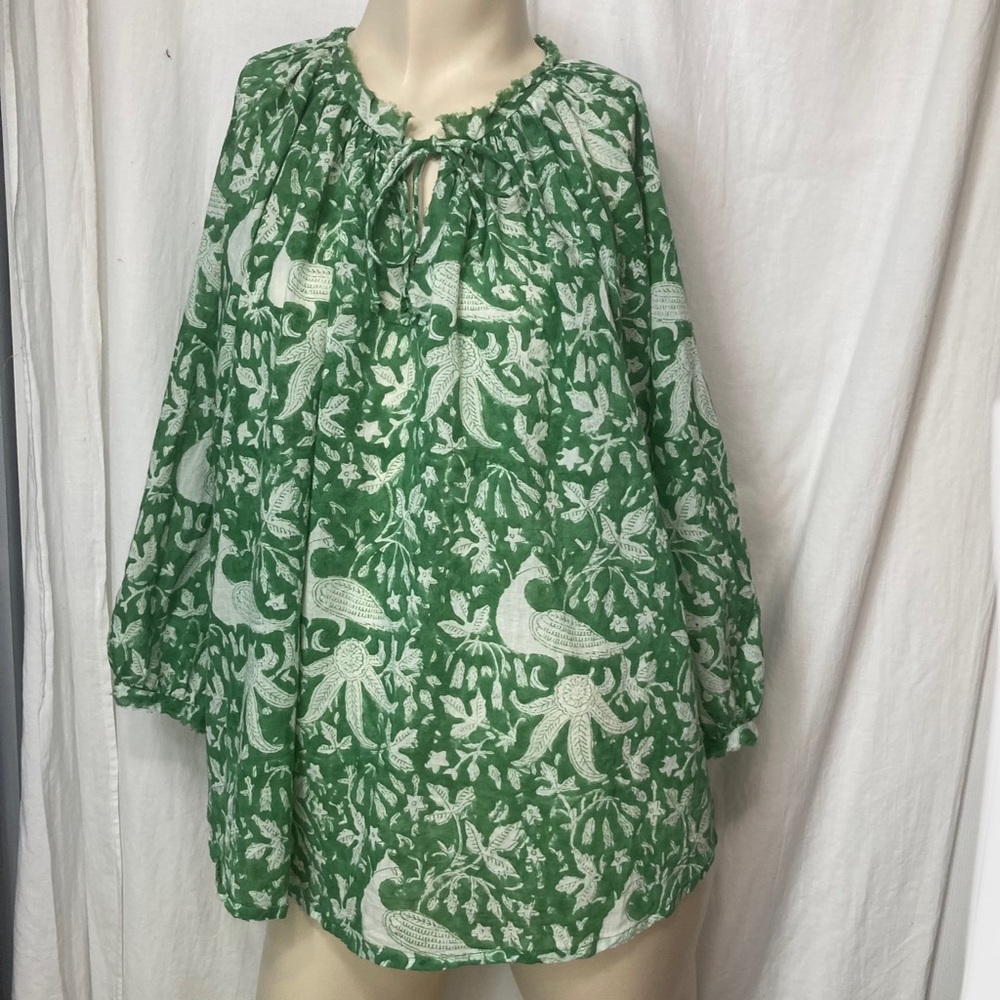 Sohana green white bohemian blouse birds extra large cotton